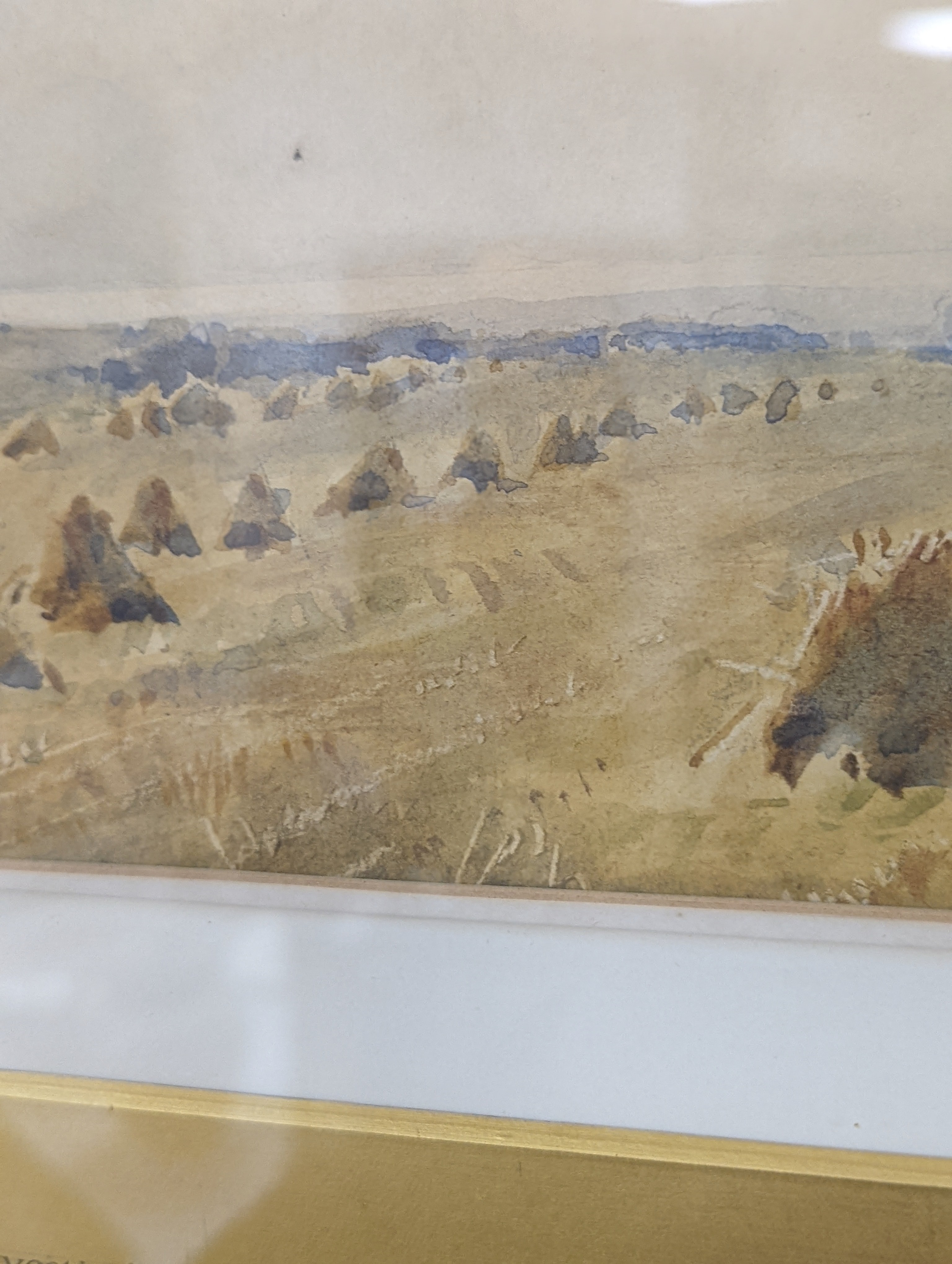 Arthur Gerald Ackermann (1876-1960), watercolour, 'Harvesting near Shoreham, Kent', signed, 23 x 50cm